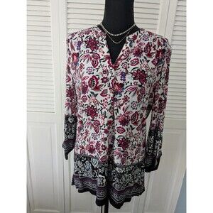 CANDA Top Womens 8 Boho Chic Red Multi Floral Cottagecore Blouse Tunic Colorful